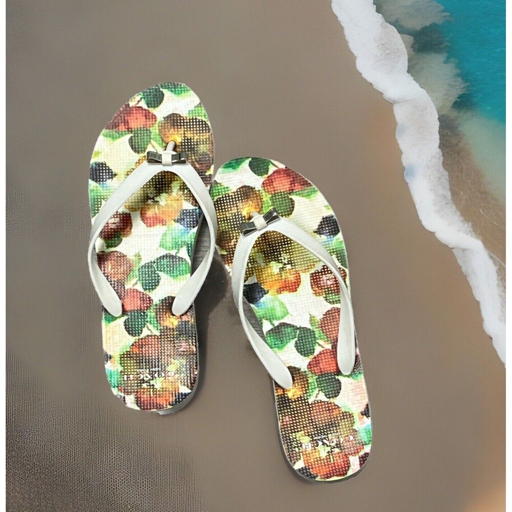 Coach‎ Sandals Amel Signature Flip Flops Womens 7 Silver Bow White Thong Shoes